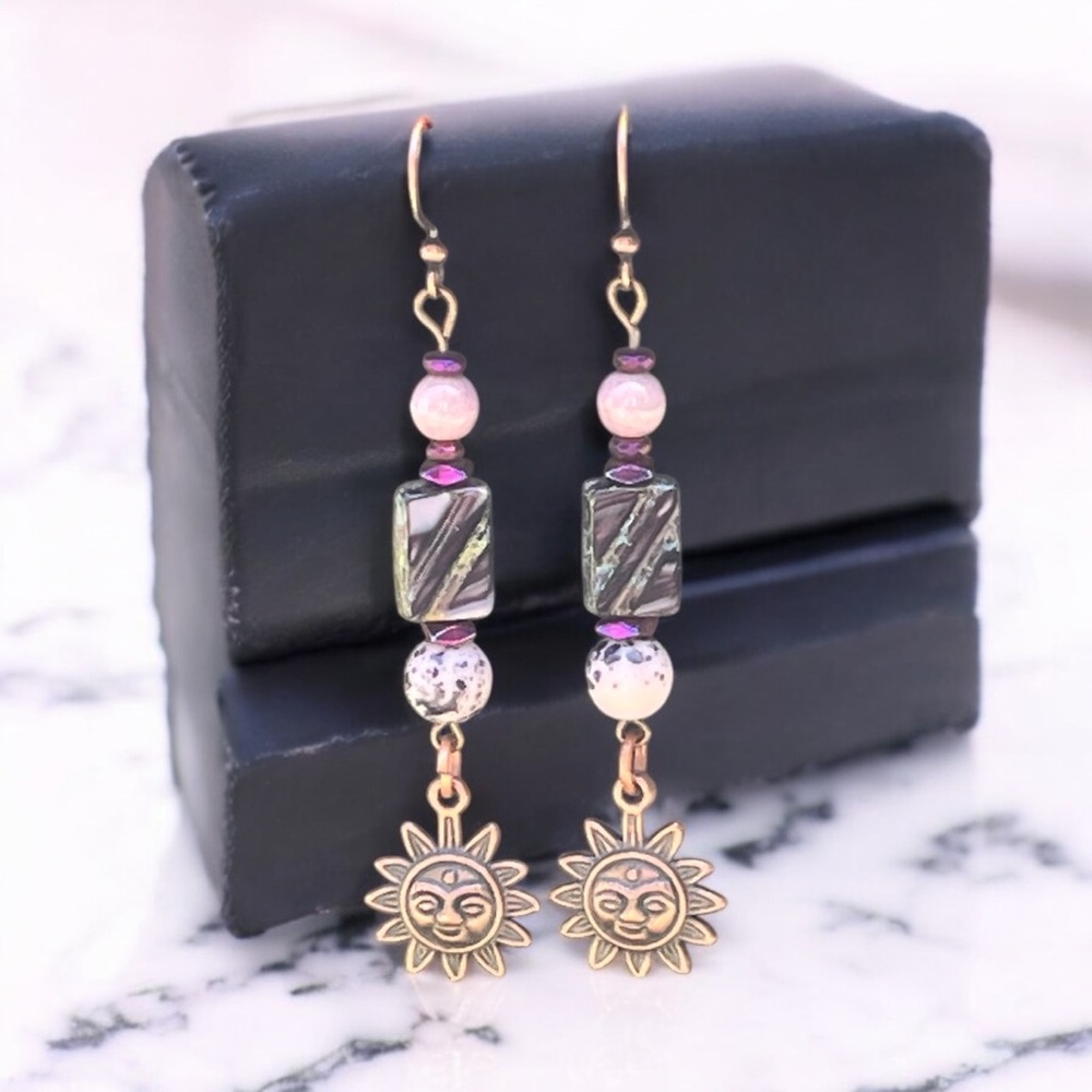 Handcrafted Sun Charm Dangle Earrings in Purple and Copper - Picture 6 of 13